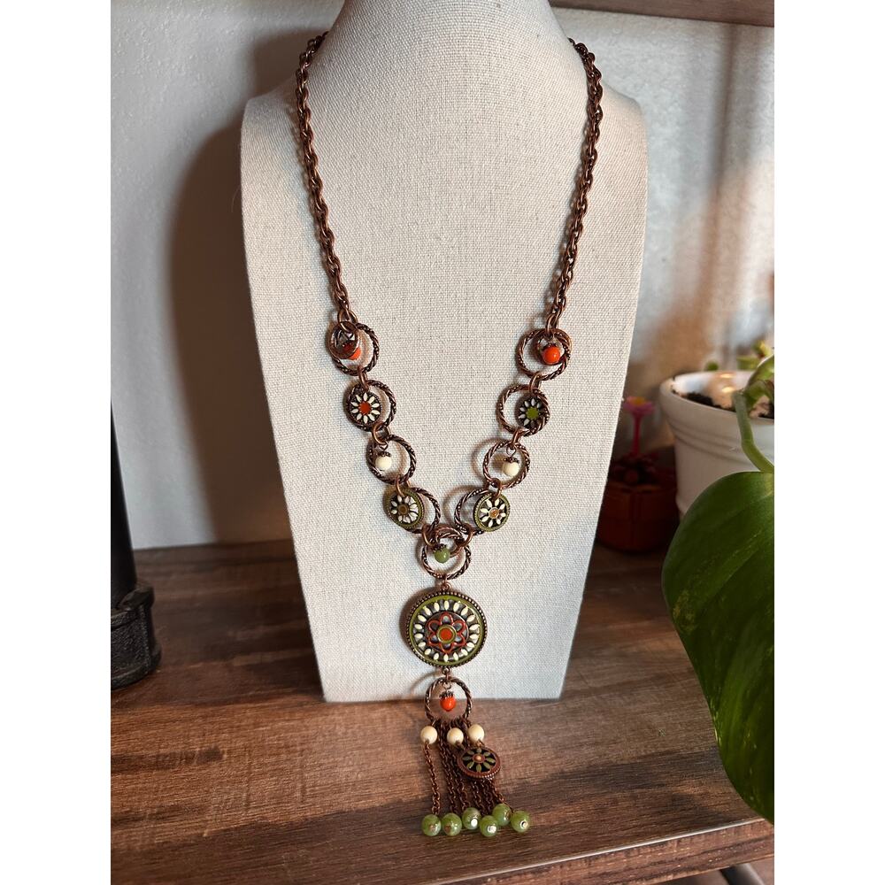 Vtg Inspo 2028 Jewelry Copper Tone Floral Enamel Tassel Necklace Boho Statement